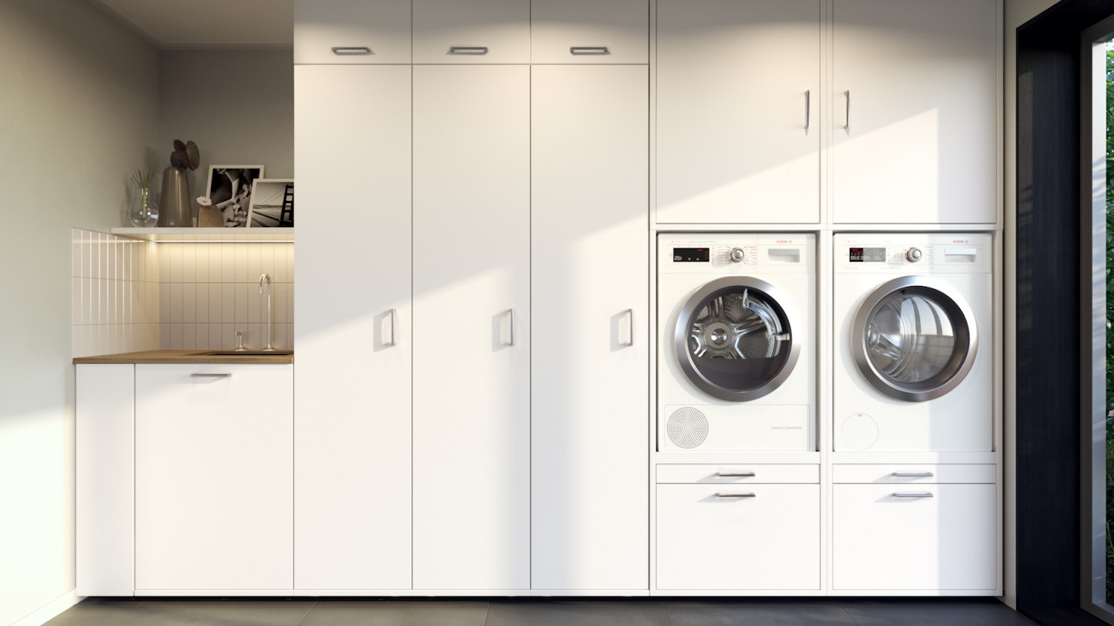 Washing machine cabinet | Washtower® White Washtower® washing machine cabinet in a laundry room